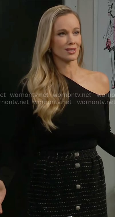 Donna’s black asymmetric top and button front skirt on The Bold and the Beautiful
