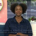 Dora Kamau’s navy shirt and pants with white stitching on Today