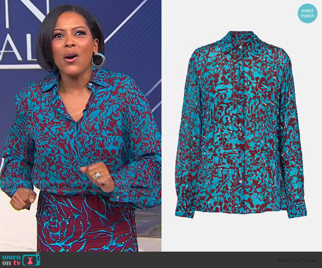 Dries Van Noten Turquoise Print Loose Shirt worn by Tamron Hall on Tamron Hall Show