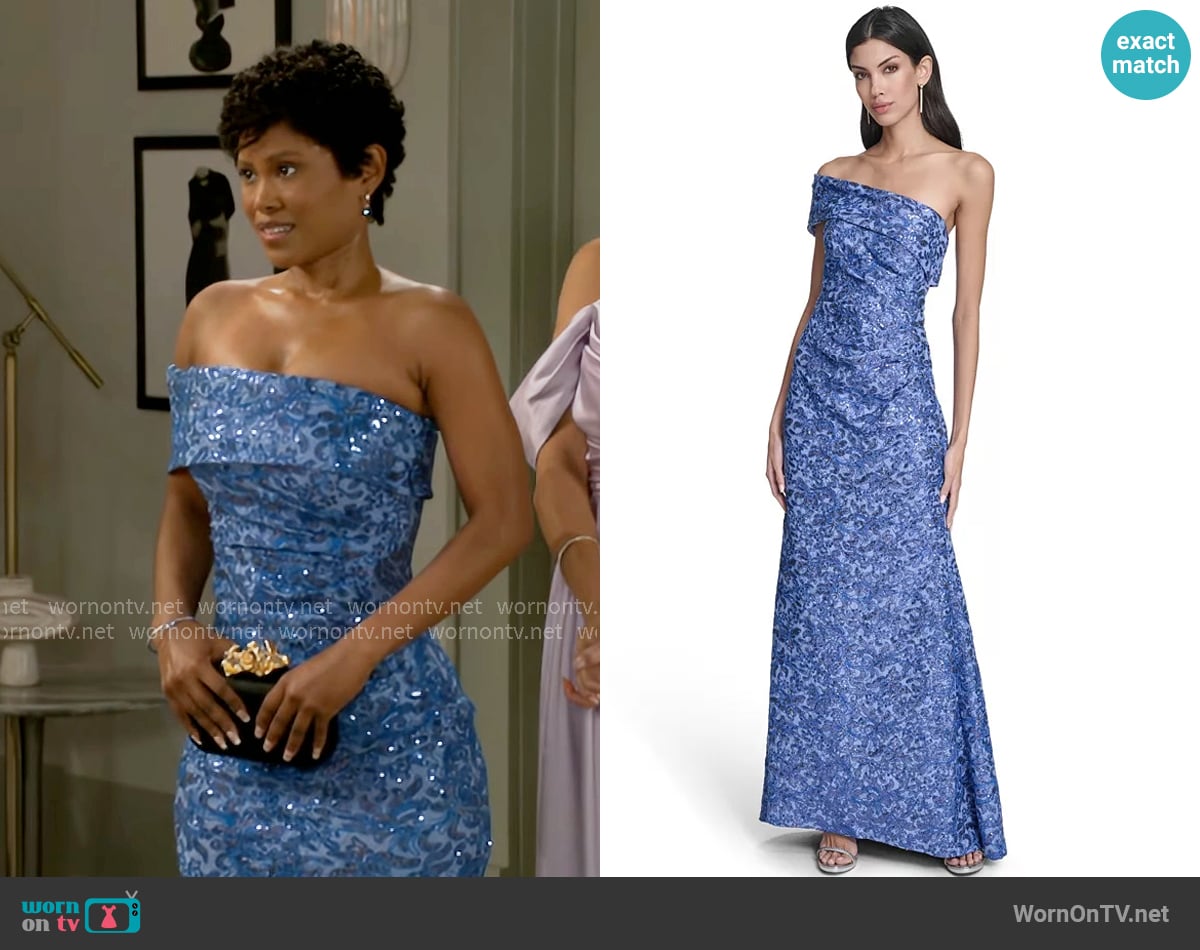 Eliza J One-Shoulder Side Tucks Long Dress worn by June Hughes (Jasmine Burke) on Beyond the Gates