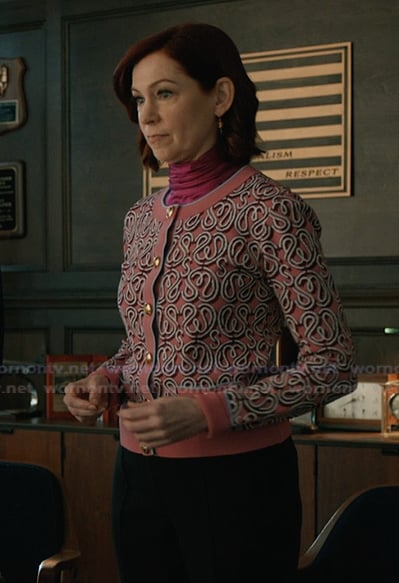 Elsbeth’s pink printed cardigan on Elsbeth