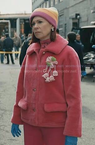 Elsbeth’s pink shearling jacket coat on Elsbeth