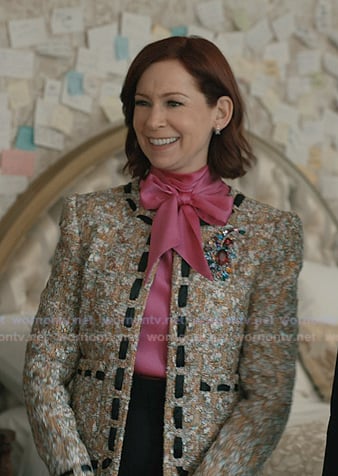 Elsbeth’s pink tie neck blouse and tweed jacket on Elsbeth
