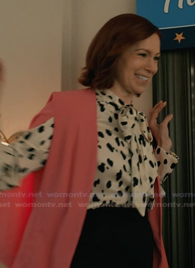Elsbeth’s white spotted tie neck blouse on Elsbeth
