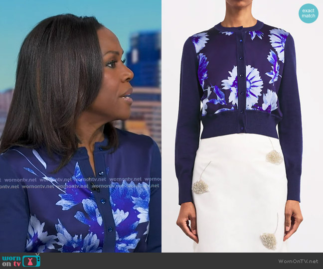 Erdem Cropped Floral Print Cardigan worn by Deborah Roberts on Good Morning America