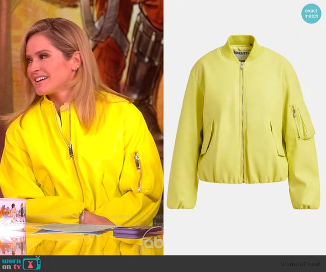 Essentiel Antwerp Yellow oversized cropped bomber jacket worn by Sara Haines on The View