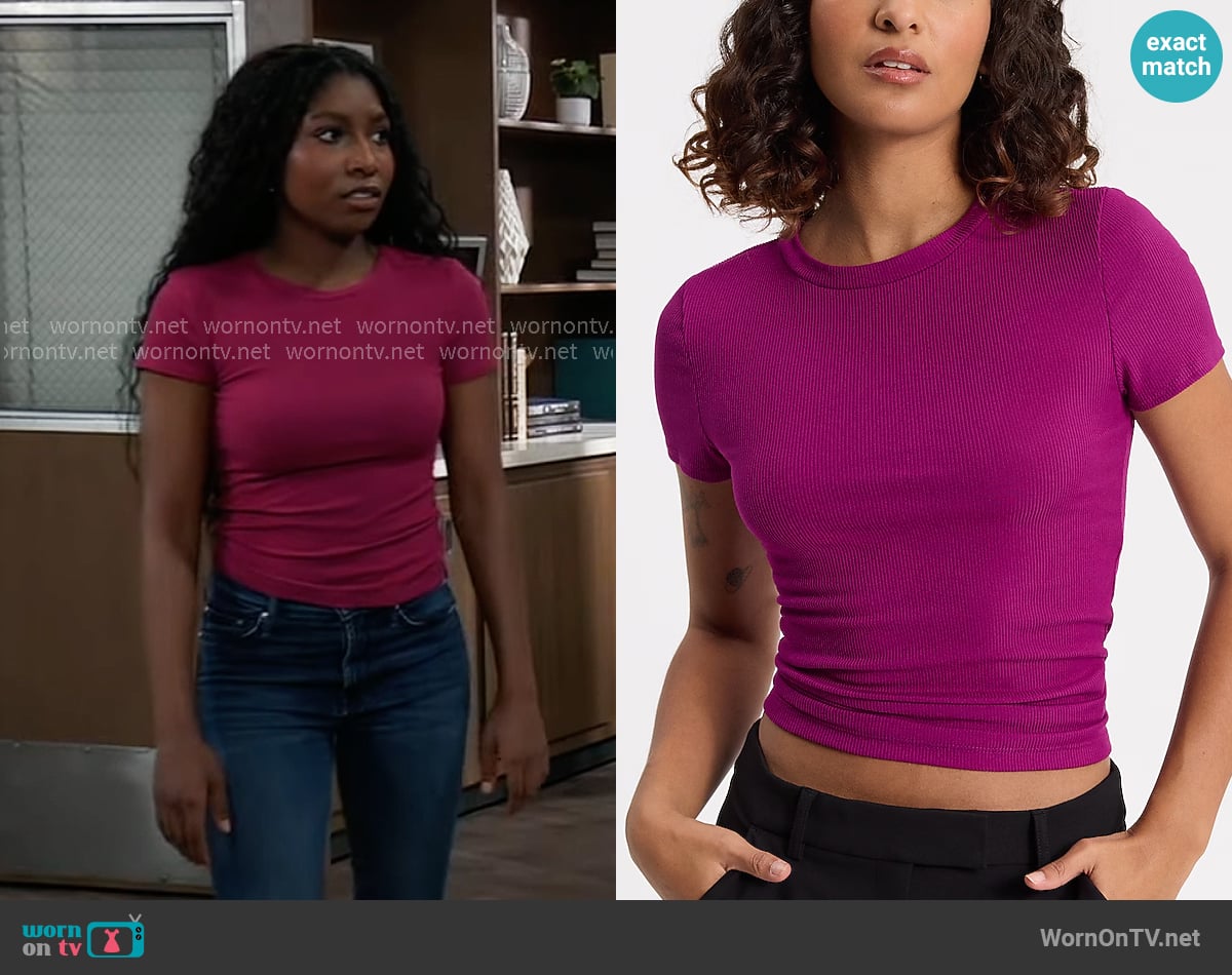 Express Fitted Ribbed Crew Neck Short Sleeve Tee worn by Trina Robinson (Tabyana Ali) on General Hospital