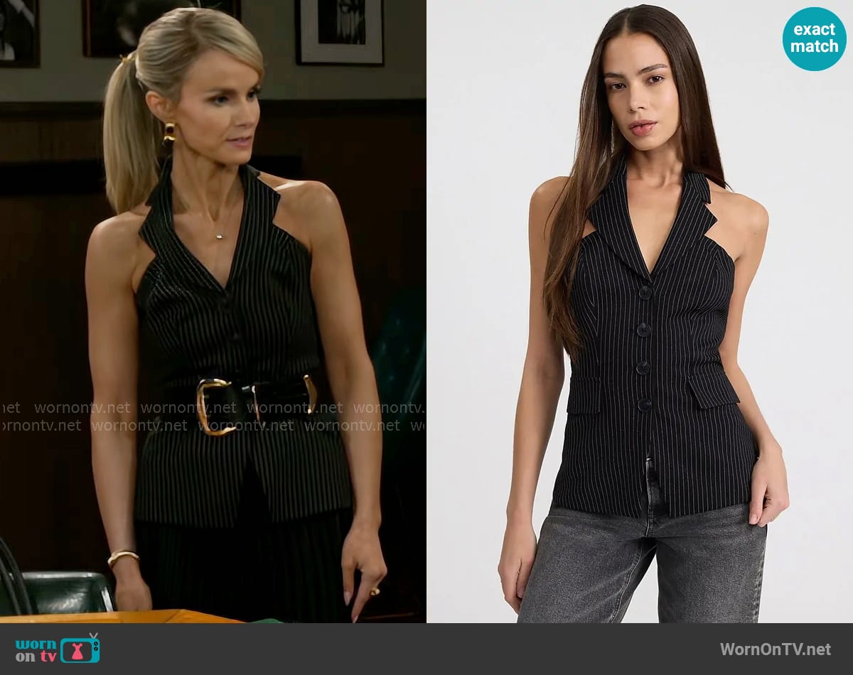 Express Pinstripe Collared Halter Tailored Top worn by Vanessa McBride (Lauren Buglioli) on Beyond the Gates