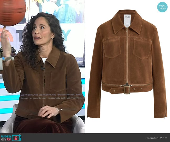 Fabrique Erica Faux Suede Jacket in Light Brown Flocked Fabric worn by Sue Bird on Today
