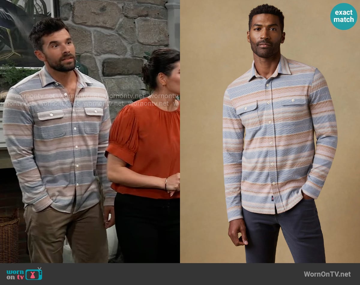 Faherty Legend Sweater Shirt in Isle Breeze Stripe worn by Harrison Chase (Josh Swickard) on General Hospital