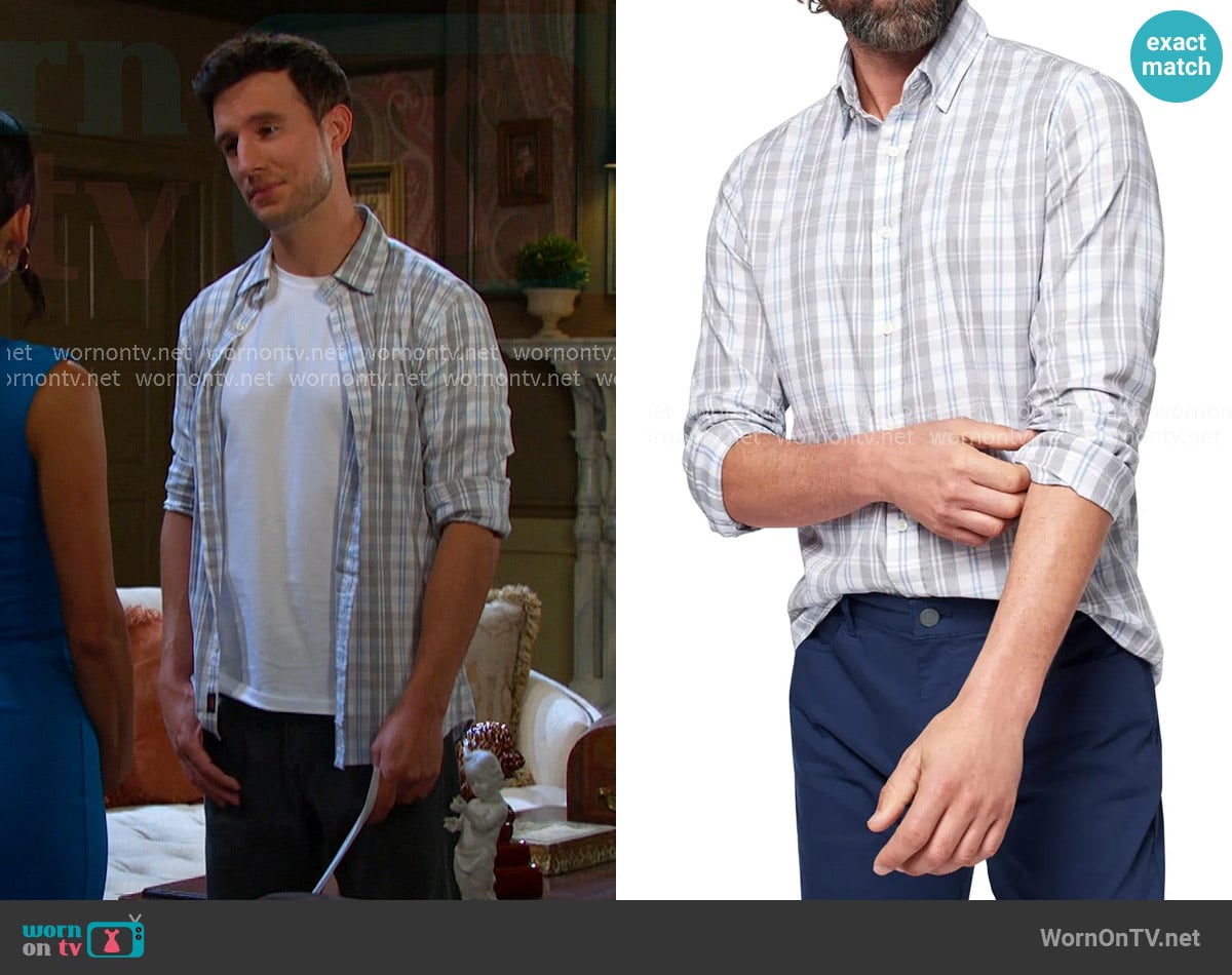 Faherty The Movement Check Button-Up Shirt in Cherry Hill Plaid worn by Liam Selejko (Hank Northro) on Days of our Lives