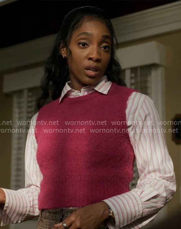 Faith’s pink striped shirt with textured sweater vest on Will Trent