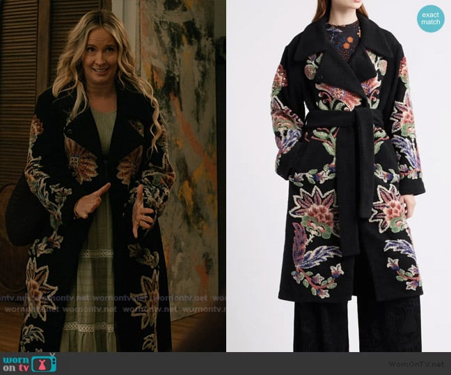 FARM Rio Marvelous Garden Embroidered Floral Fleece Coat worn by Juliet Woodbent (Anna Camp) on Elsbeth