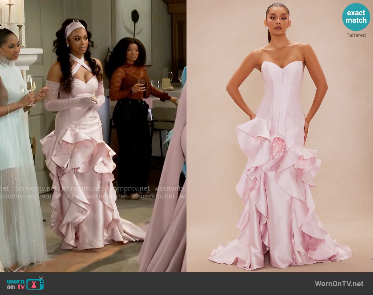 Fashion Nova Irina Ruffle Taffeta Gown in Blush worn by Chelsea Hamilton (RhonniRose Mantilla) on Beyond the Gates