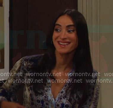 Gabi’s blue printed bell-sleeve blouse on Days of our Lives