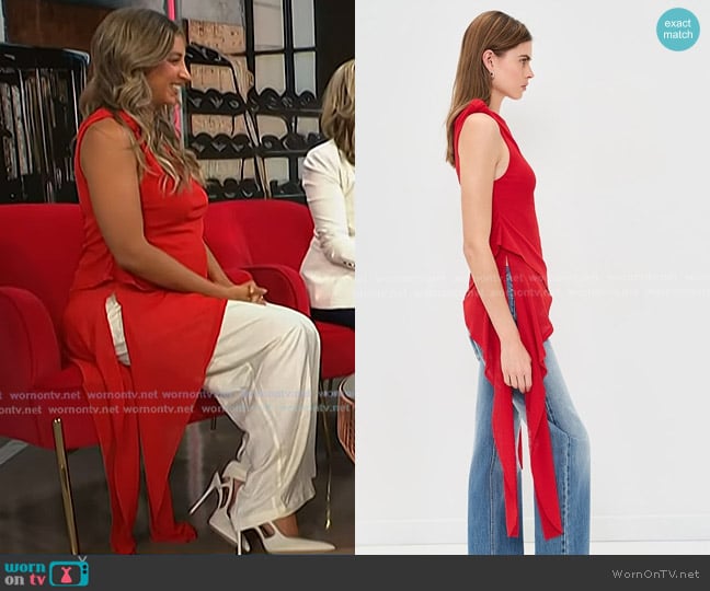 Ganni Marl Mesh Tie Knot Tank Top in Goji Berry worn by Katie Austin on NBC News Daily