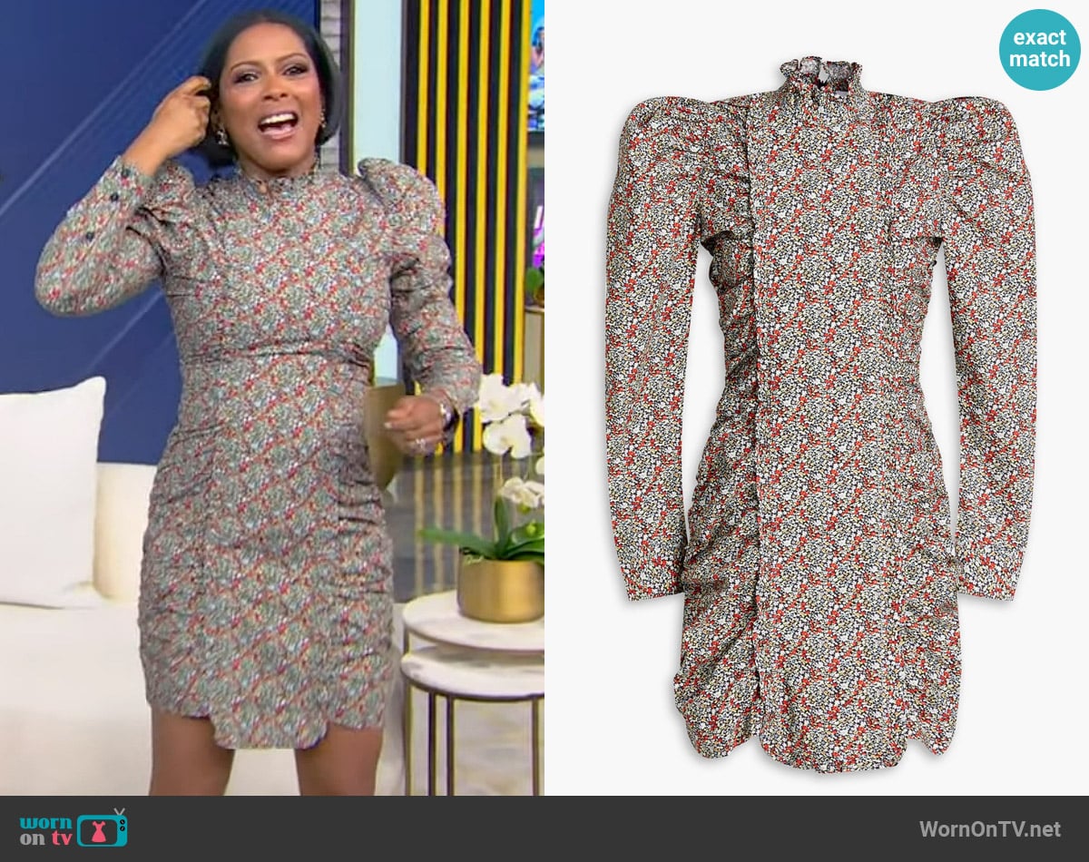 Ganni Ruched floral-print cotton mini dress worn by Tamron Hall on Tamron Hall Show