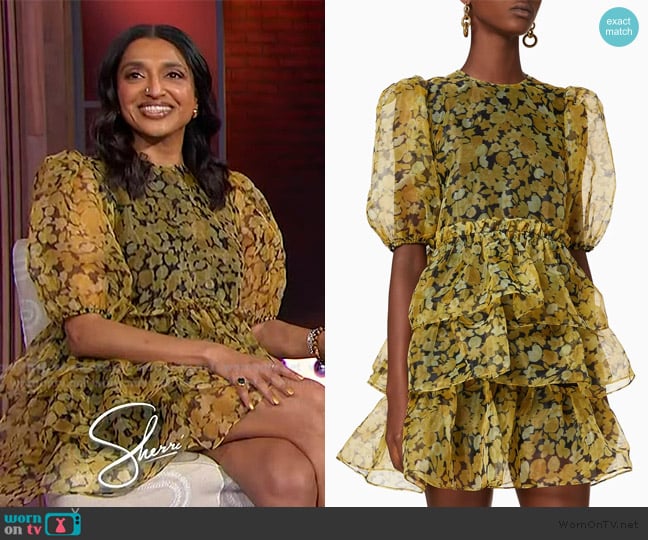 Ganni Ruffled tiered floral-print mini dress worn by Sindhu Vee on Sherri