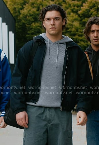 Garrett’s grey ribbed knit hoodie on Off Campus