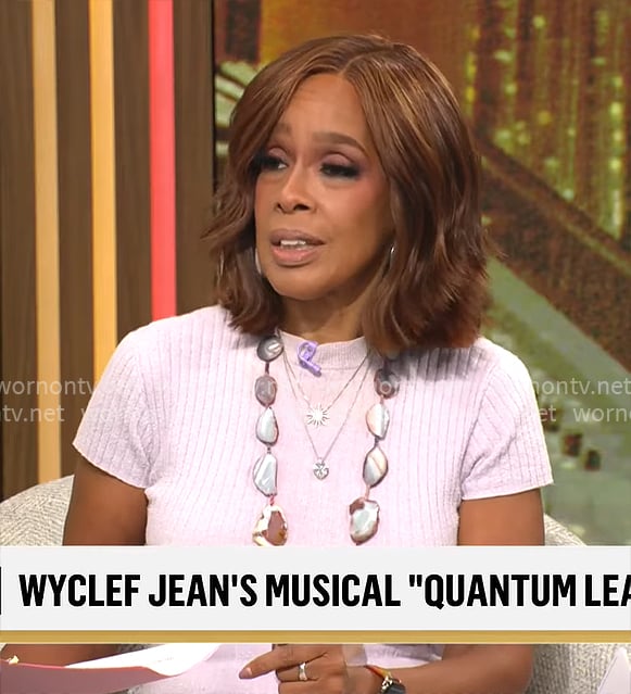 Gayle King’s lavender purple rib knit dress on CBS Mornings