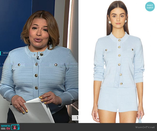 Generation Love Lilla Bandage Cardigan in Light Blue worn by Gilma Avalos on NBC News Daily
