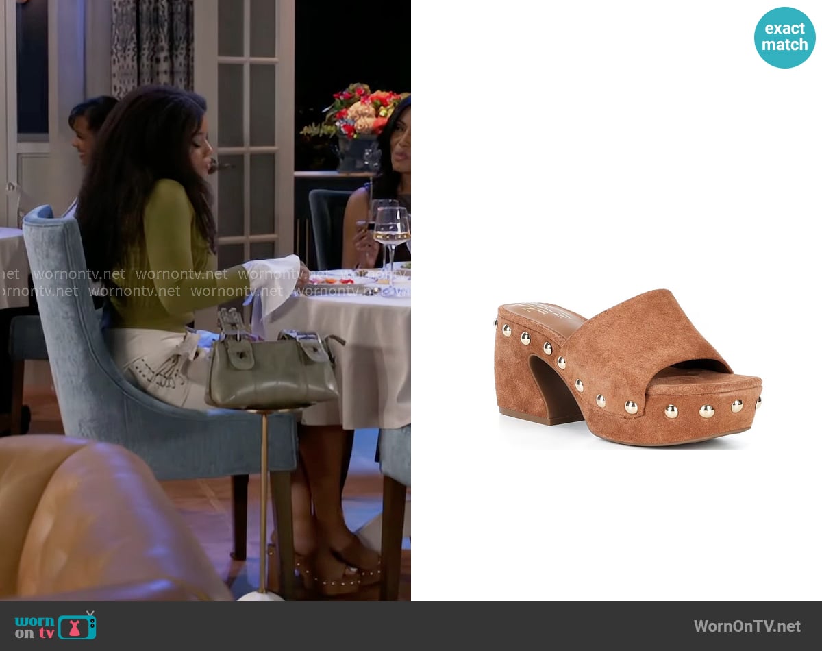 Gianni Bini Abbott Studded Suede Square Toe Platform Slide Sandals worn by Eva Thomas (Ambyr Michelle) on Beyond the Gates