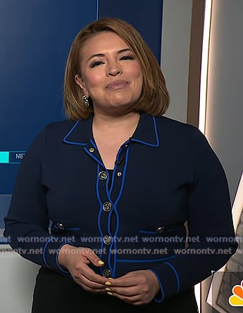 Gilma’s navy contrast trim cardigan on NBC News Daily