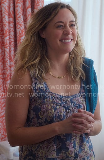 Ginny’s blue floral top on The Four Seasons