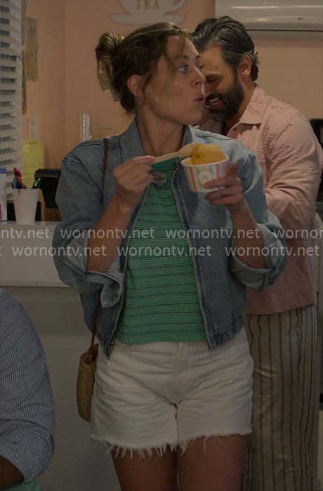Ginny’s green striped tank top and denim jacket on The Four Seasons