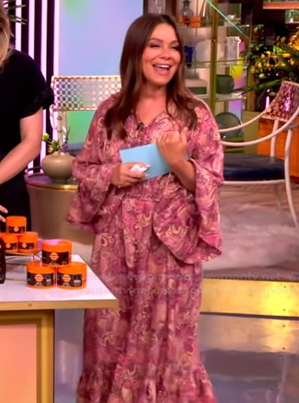 Gretta Monahan’s pink floral print bell sleeve dress on The View