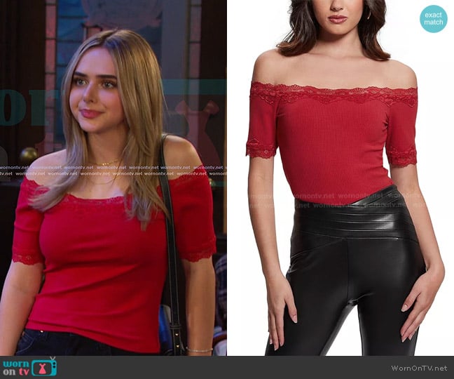Guess Mei Off-The-Shoulder Lace-Trim Top worn by Holly Jonas (Ashley Puzemis) on Days of our Lives