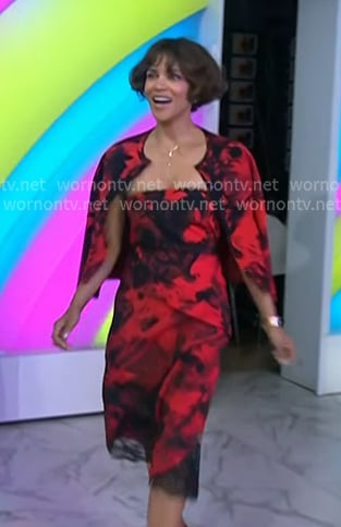 Halle Berry’s red and black print top, skirt and cardigan on Today