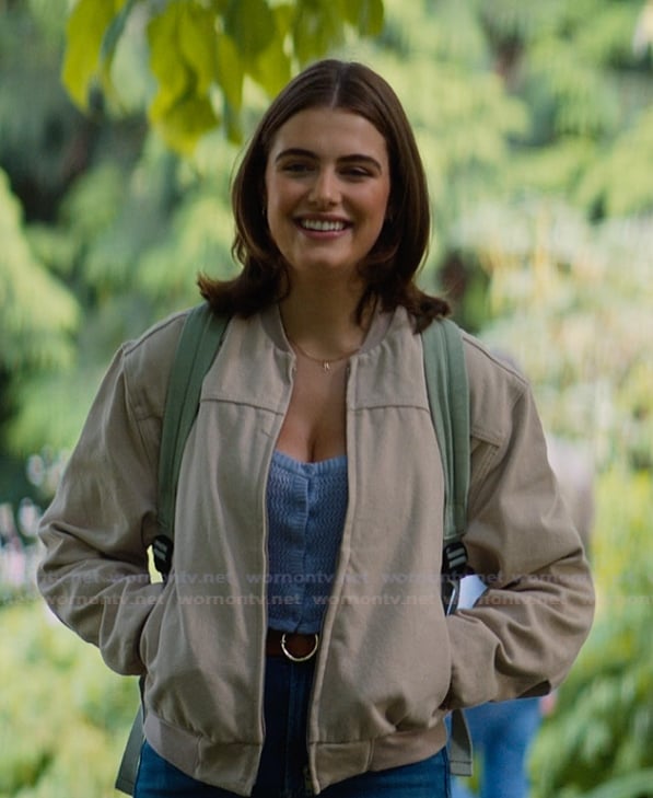 Hannah’s beige bomber jacket on Off Campus