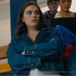 Hannah’s blue denim jacket and striped pants on Off Campus