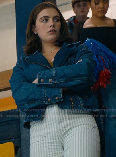 Hannah’s blue denim jacket and striped pants on Off Campus