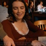 Hannah’s brown lace trim henley top on Off Campus