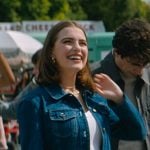 Hannah’s denim jacket and mini skirt on Off Campus
