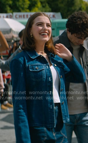 Hannah’s denim jacket and mini skirt on Off Campus