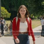 Hannah’s red cable knit cardigan and jeans on Off Campus