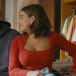 Hannah’s red square neck shrug set on Off Campus