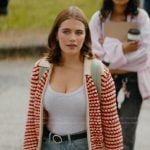 Hannah’s red stripe knit cardigan on Off Campus