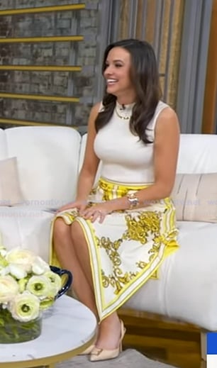 Hanna’s yellow printed handkerchief Skirt on Good Morning America