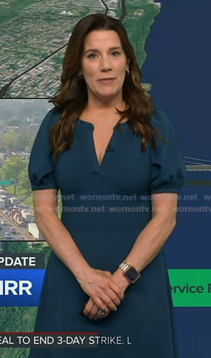 Heather’s teal blue puff sleeve dress on Good Morning America