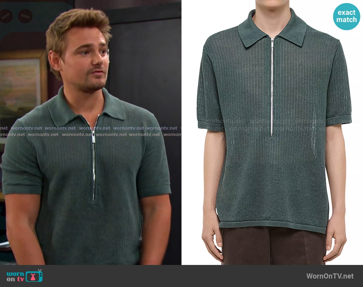 Helmut Lang Regular Fit Half Zip Linen Polo Sweater in Blue Green worn by Johnny DiMera (Carson Boatman) on Days of our Lives