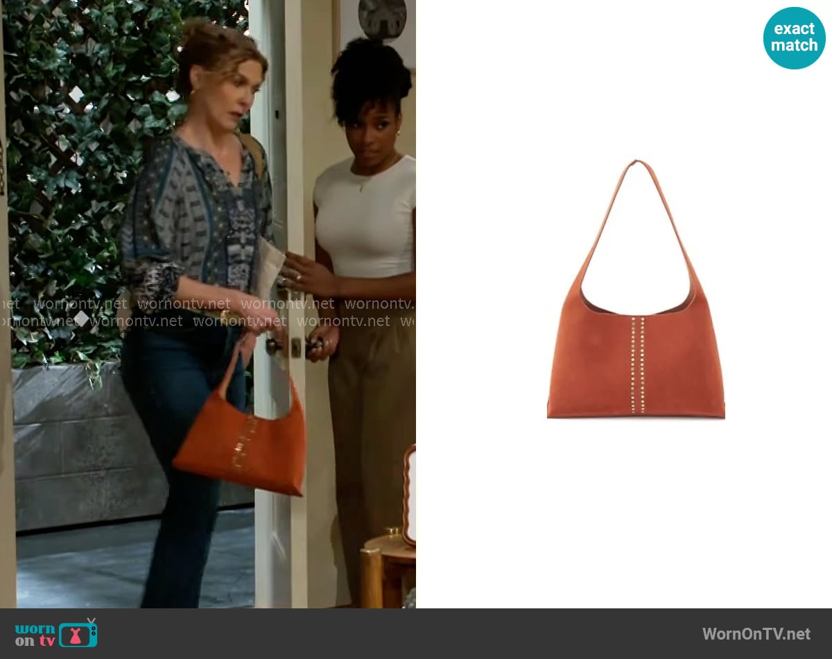 Hobo Joni Studded Bag in Cognac worn by Jan Morgan (Jerri Tubbs) on Beyond the Gates