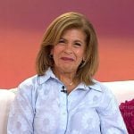 Hoda's blue floral shirt and patchwork jeans on Today