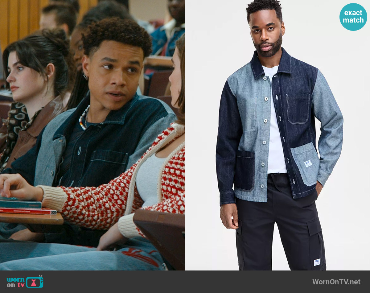 Hugo Boss Eberse Relaxed Fit Two-Tone Button-Front Denim Shirt Jacket worn by Dexter (Miles Gutierrez-Riley) on Off Campus