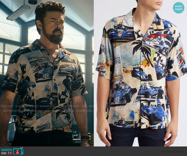 Hugo Espino Race Car Print Camp Shirt worn by Billy Butcher (Karl Urban) on The Boys