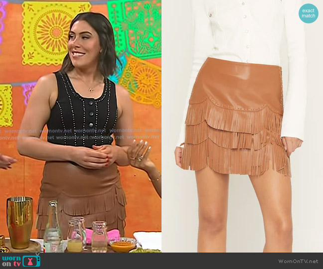 Idyllwind Irene Fringe Faux Leather Skirt in Caramel worn by Katie Stilo on Today