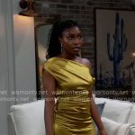 Trina’s yellow satin one-shoulder dress on General Hospital